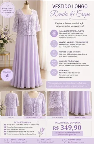 Vestido Longo Lilás Tam. 50 com Renda - Pouco Usado