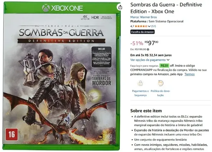 Sombras da Guerra Definitive Edition - XBOX