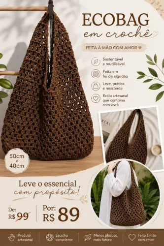 Ecobag bolsa de Crochê, marrom, 50x40cm