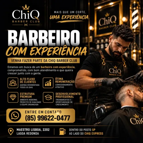 VAGA PARA BARBEIRO COM EXPERIÊNCIA - CHIQ BARBER CLUB