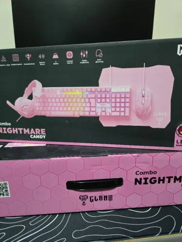 Combo Gamer Rosa 4 em 1 Teclado, Mouse, Headset e Mouse Pad Nightmare Candy