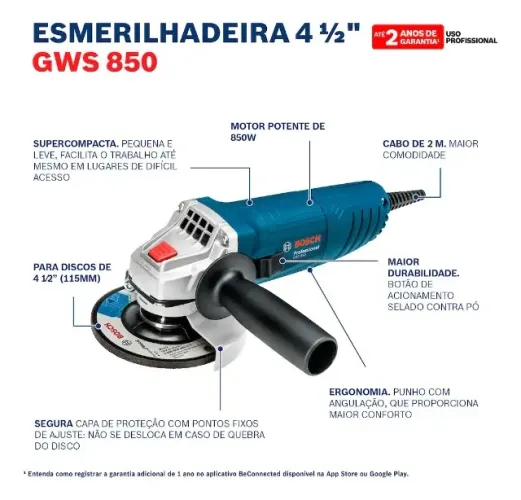 Esmerilhadeira Angular de 4 1/2" Bosch GWS 850, 850W NOVA COM NOTA FISCAL  127 volts