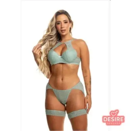 Conjunto cor SANDIA (ROSA) com Renda Sutiã com bojo Calcinha Fio Dental e Peneira - Miess