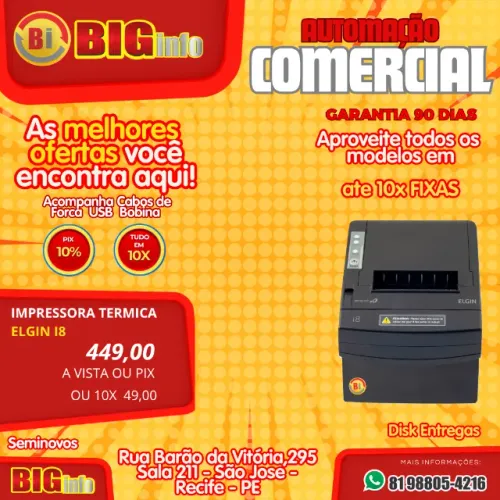 Impressora Termica Não Fiscal Elgin I8 c/Guilhotina USB + Ethernet + Serial - Garantia 