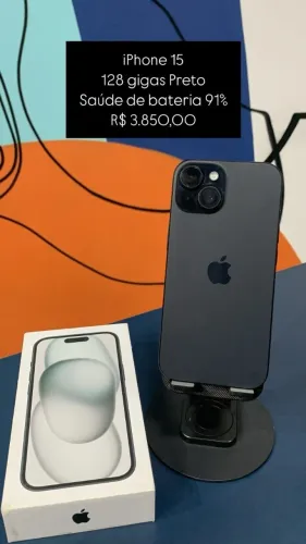 iPhone 15 / 128GB / Preto / Saúde de bateria 91% / R$ 3.850,00