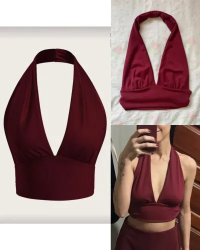 Regata Cropped Feminina Casual Sem Costas Vermelho Vinho decotada (14 anos) XXS
