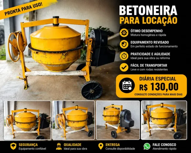 Locação de Betoneira Menegotti - 400 litros - Entrega Gratuita no Uvaranas