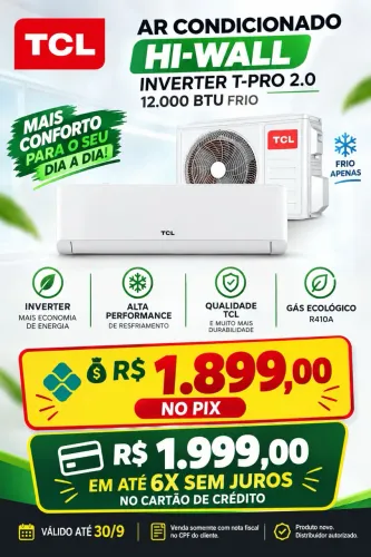 AR CONDICIONADO HI-WALL INVERTER T-PRO 2.0 12.000BTU FRIO