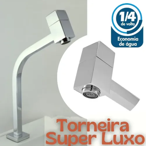 Torneira Link Quadrada Super Luxo Cozinha e Banheiro Bica Alta 45º Metal Cromado 1/4 de Vo
