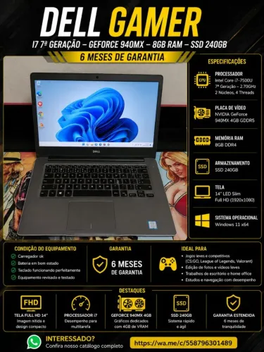 Notebook Gamer Dell i7 com GeForce 940MX - 6 Meses de Garantia