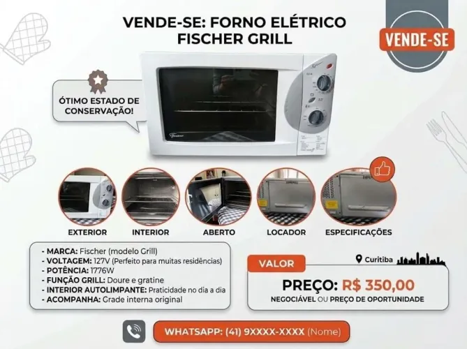 ?Forno Elétrico de Bancada Fischer Grill 127V - Excelente Estado