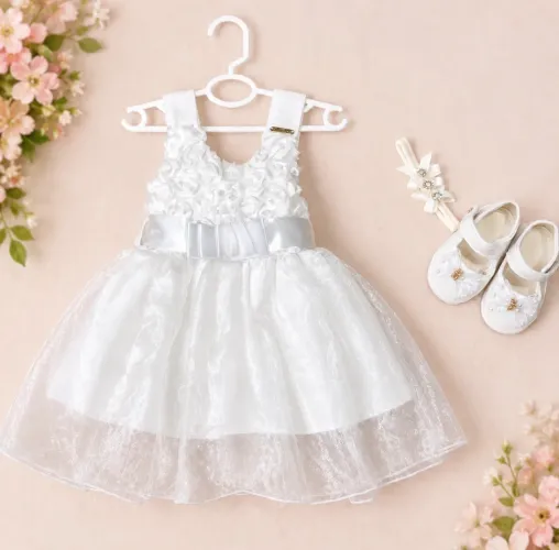 ? Vestido Branco Infantil + Sapatinho + Faixa de Cabelo | Kit Completo Tamanho 1 Ano