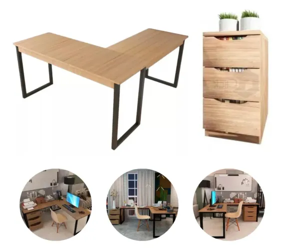 Mesa Em L + Gaveteiro 3 Gavetas Industria Escritório Moderna