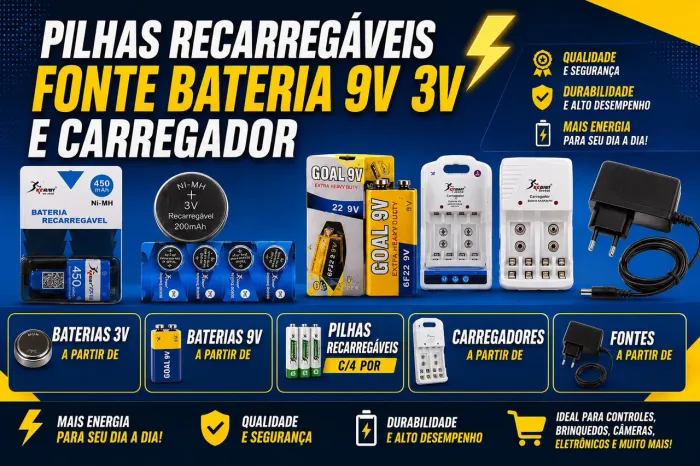 Pilhas recarregáveis fonte bateria 9v 3v e carregador