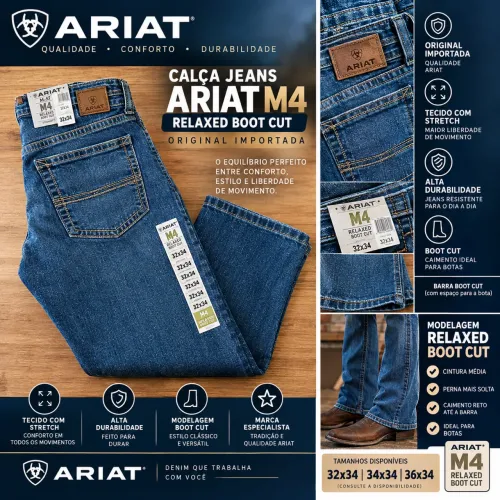 Calça Jeans Ariat M4 Relaxed Boot Cut Original Importada Masculina