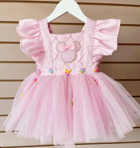Romper Salopete Jardineira Minnie Confeiteira - Confeitaria doces 1 ano - rosa com brilho