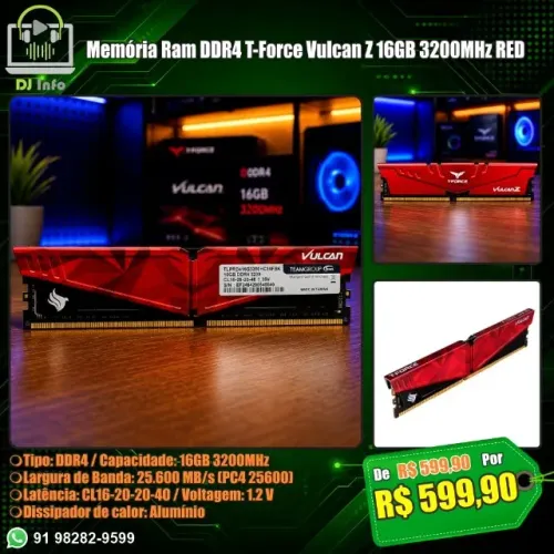 Memória Ram DDR4 T-Force Vulcan Z 16GB 3200MHz RED