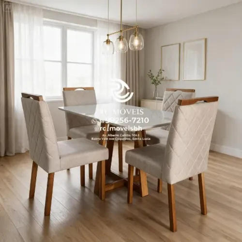 Mesa de Jantar 1,20x0,80 Tampo Vidro + 4 Cadeiras Madeira Maciça
