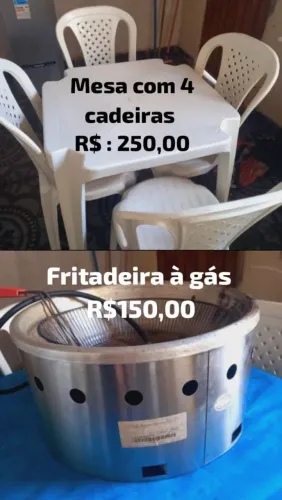 Uma mesa com 4 cadeiras e uma fritadeira à gás