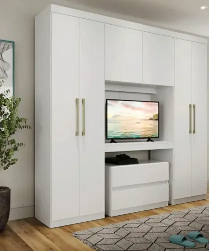 Guarda Roupa Casal 6 Portas 2 Gavetas Porto Branco com Painel de TV Carraro