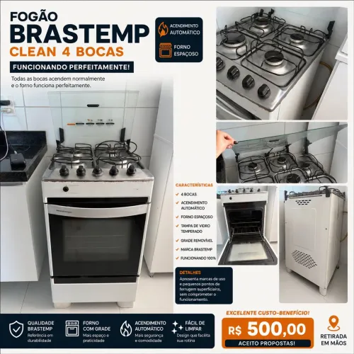 Fogão Brastemp Clean 4 Bocas - Acendimento Automático - Funcionando Perfeitamente