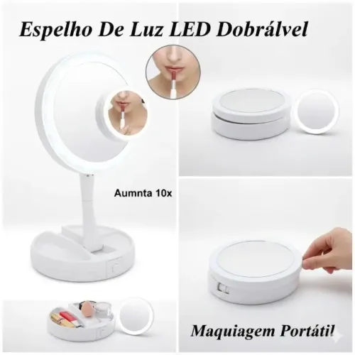Espelho De Luz Led Dobrável Aumenta 10x Maquiagem Portátil _ BE34