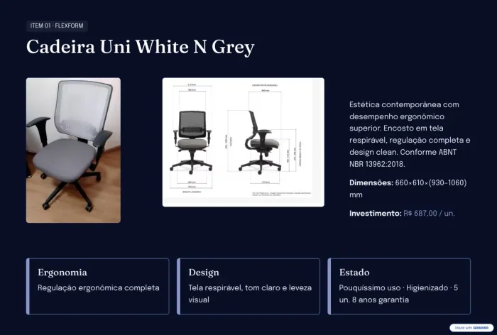 Cadeira de Escritório Flexform Uni White n Grey | Estado de Nova | Conforto e Ergonomia