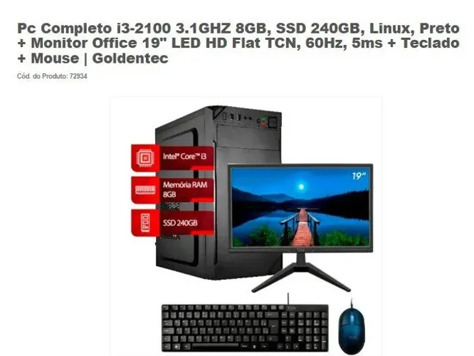 Pc Completo i3-2100 3.1GHZ 8GB, SSD 240GB, Linux, Preto + Monitor Office 19"