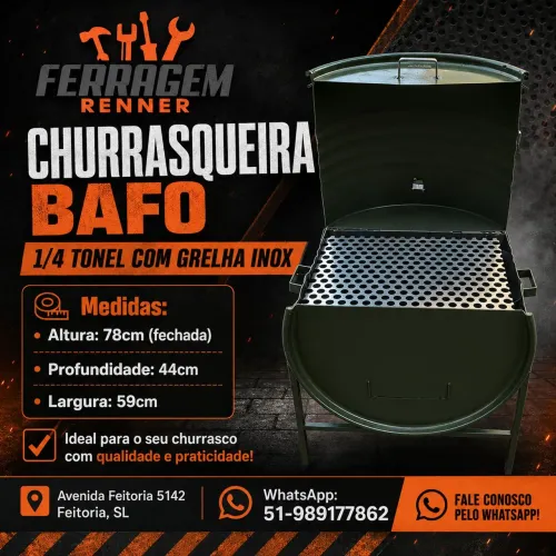 Churrasqueira Bafo 1/4 tonel com grelha inox, nova