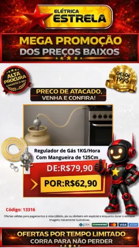 Regulador de Gás 1KG/Hora com Mangueira 125cm - Promoção Especial Elétrica Estrela