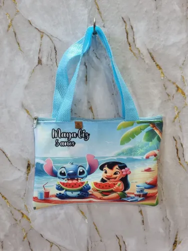 Bolsa Ecobag fundo transparente infantil Stitch e Lilo