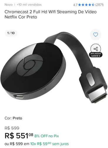 Chromecast 2 Full Hd Wifi Streaming De Vídeo Netflix Cor Preto