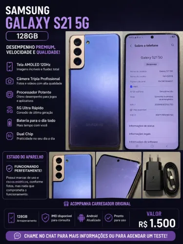Samsung Galaxy S21 5G 128GB 8GB RAM + Carregador - R$ 1.500