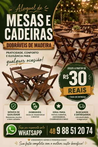 Aluguel de mesas e cadeiras de madeira