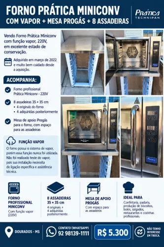 Forno Prática Miniconv com Vapor + Mesa Progás + 8 Assadeiras