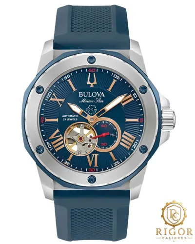 Relógio Bulova Marine Star Automático 98A282 - Esportivo Open Heart com Mostrador Azul