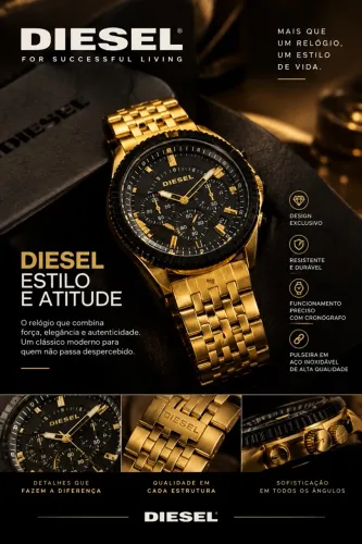 Relógio Diesel Original - Aço Dourado (Estilo e Atitude)