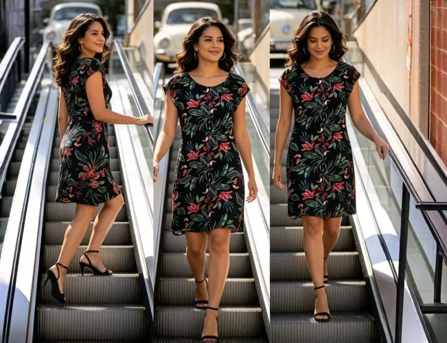 vestido estampado,  fundo preto, veste M,  pouco uso, contém elastano, 