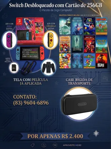 Nintendo Switch Completo - Desbloqueado + Cartão de 256GB!
