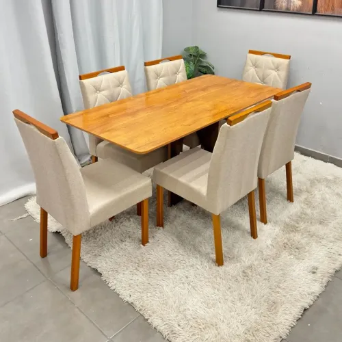 Mesa de Jantar Madrid Dubai 160x80cm Sem Vidro e 6 Cad Jasmim em Linho   / pronta  entrega