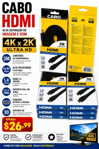 Cabo HDMI 3 Metros 4K Ultra HD HDMI 1.4 10.2Gbps Revestido em Malha