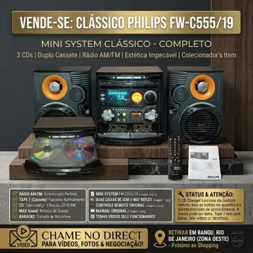 MiniSystem Philips 3Cds Fita k7 Rádio Retrô Som Vintage Fw-c555/19 Funciona Parcial(Bangu)