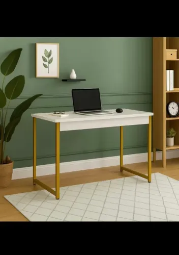 Mesa escrivaninha moderna (Branco com pés dourados)