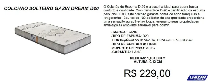 Colchão D20-  gazin - compre hoje e receba em até 72 horas 