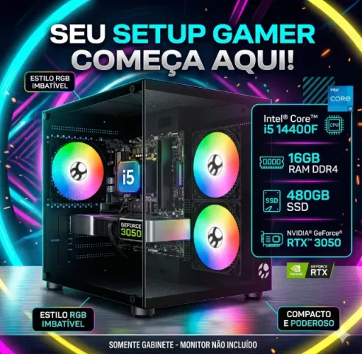 Computador Gamer i5 14400F - 16Gb Ram - RTX 3050, SSD 480Gb, Novo a Pronta Entrega na Loja
