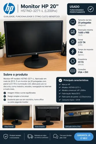 Monitor HP 20? LED 1600x900 VGA + DVI - L200hx