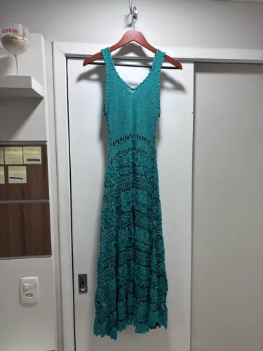 Vestido Verde Turquesa de Renda de Filé Artesanal de Jaguaribe - CE