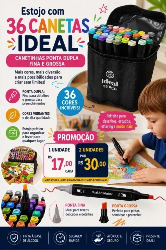 Estojo com 36 Canetas Ideal. Ponta Dupla (Fina e Grossa)