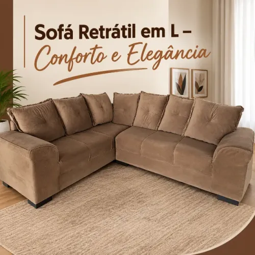 Sofá Retratil em L na Cor Bege - Em Ótimo Estado