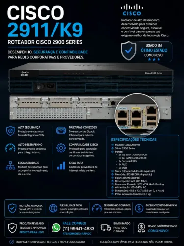 Roteador Cisco 2911/K9 - Série 2900 | Firewall | VPN | Gigabit